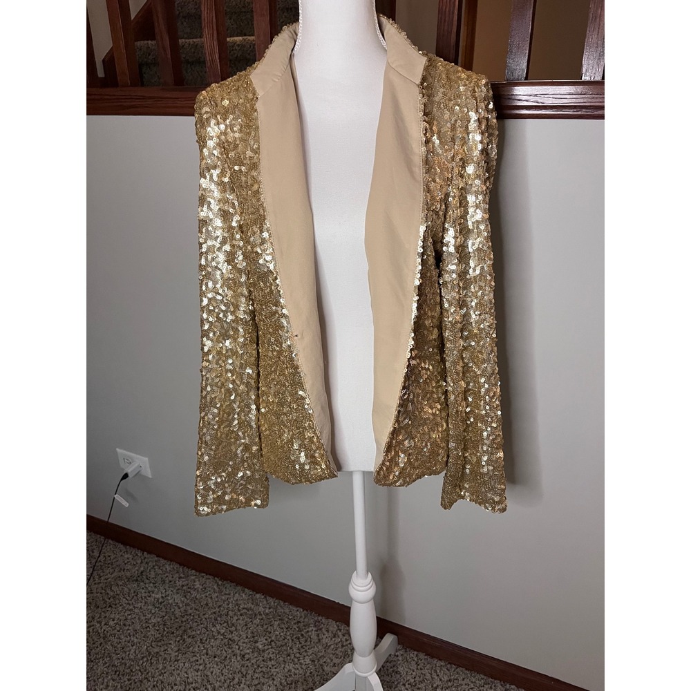 London Jean Gold Sequin Blazer Women 14 Open Front Shawl Lapel Party Jacket G36